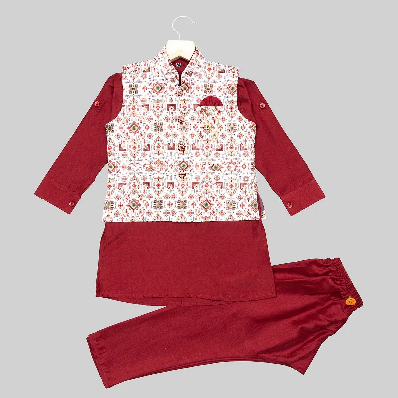 Super Bargain Maroon Boys Kurta Pajama with Printed Jacket
