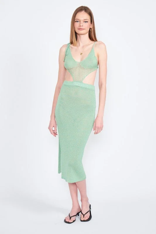 Blowout Deals CUT OUT DETAUL MIDI DRESS WITH SHOULDER TIES