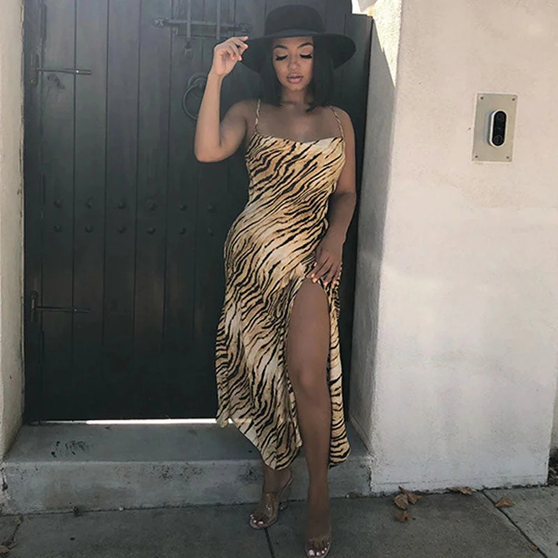 Great Bargains BerryBetty - Hem Animal Print High Split Sleeveless Midi Dress - Tiger Great Bargains BerryBetty - Hem Animal Print High Split Sleeveless Midi Dress - Tiger
