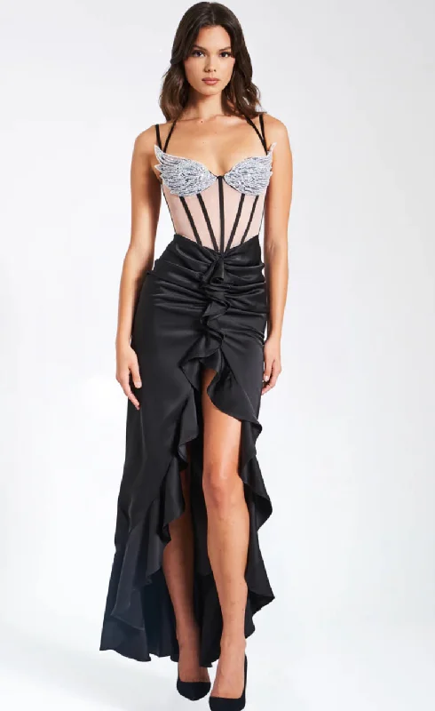 New Markdowns RAFAELA BLACK SATIN CORSET SEQUIN WING CUP DRESS