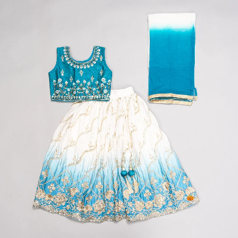 Crazy Savings Blue Cream Embroidered Girls Lehenga Choli