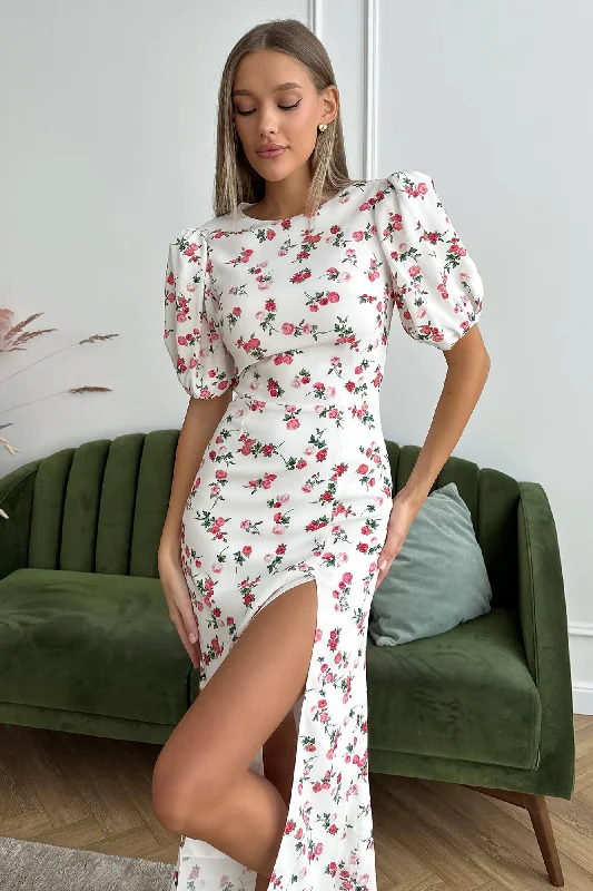 Bonus Savings Viscose Puff Sleeve Slit Midi Dress