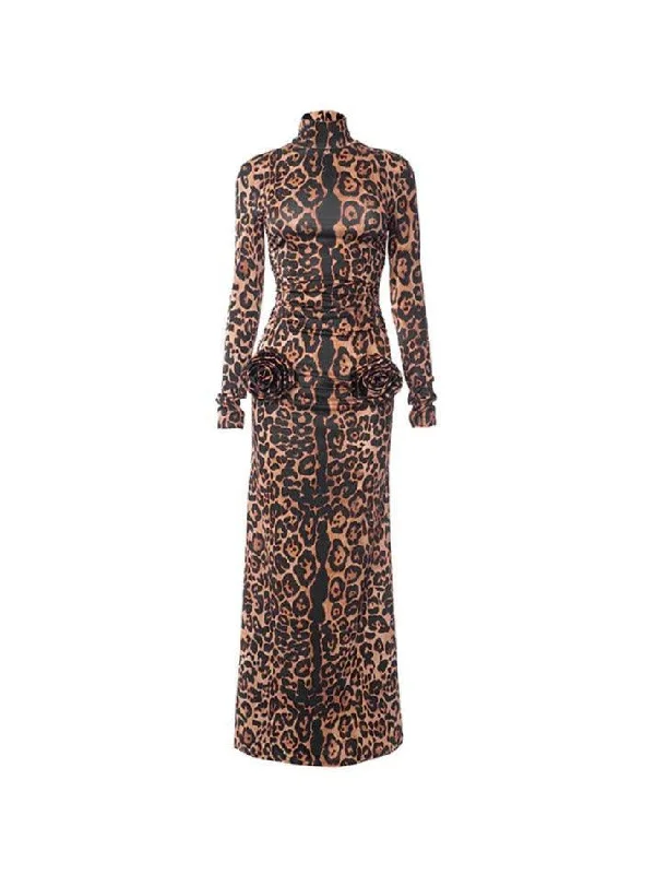 Snake Print Three Dimensional Flower Decor Bodycon Maxi Dress