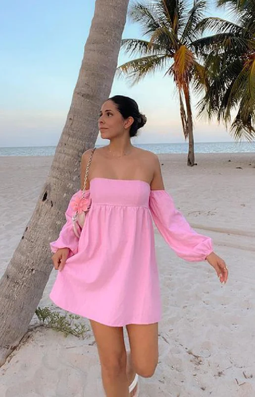 Hurry In Koa Pink Off Shoulder Linen Mini Dress