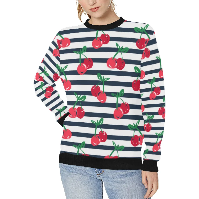 Hand drawn cherry pattern striped background Women's Crew Neck Sweatshirt