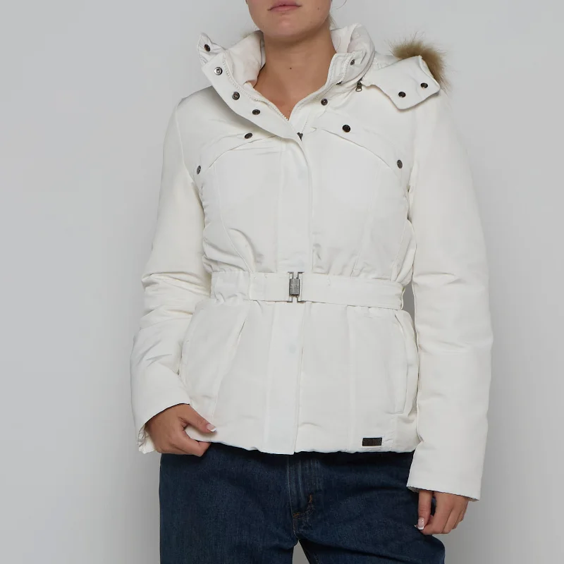 Belted Fur Trim Hood Jacket - S