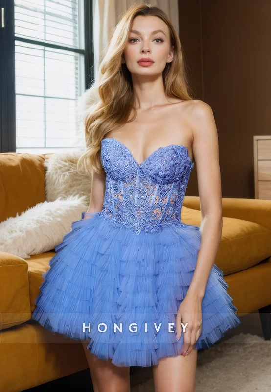 Seasonal Clearance Tulle A-Line Sweetheart Strapless Empire Lace Applique Party/Homecoming Dress