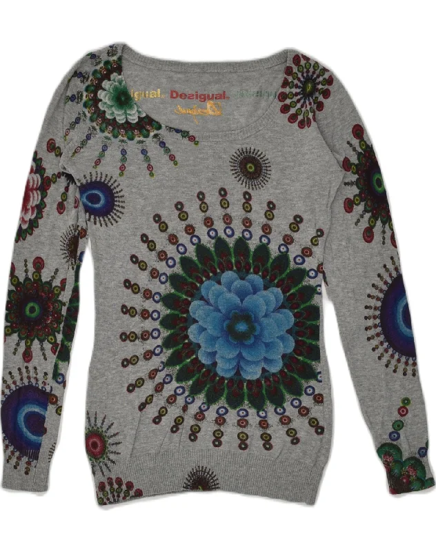 DESIGUAL Womens Graphic Boat Neck Jumper Sweater UK 8 Small Grey Floral