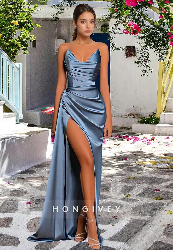 Epic Deals L0974 - Simple Couture Strapless Draped With Train and High Slit Evening Party Prom Formal Dress