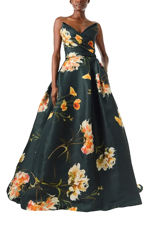 Price Rollback Strapless Draped Floral Ball Gown