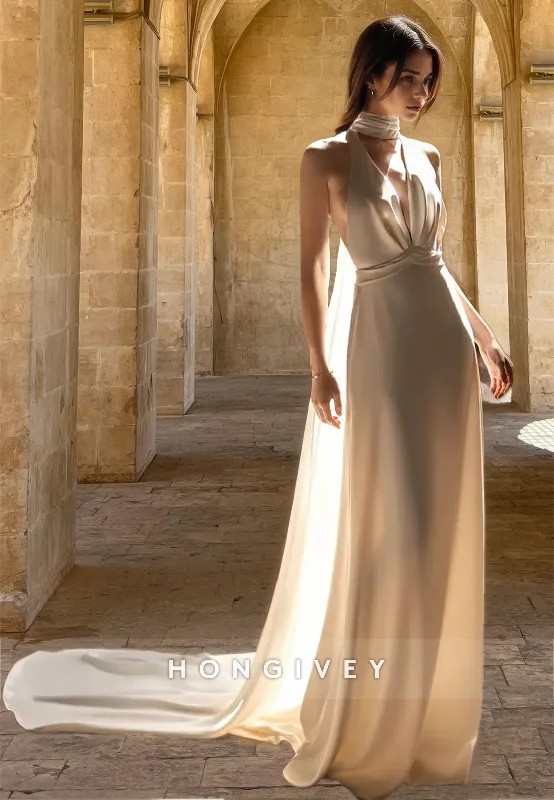 Doorbuster Deal H0981 - Simple Sexy Halter V-Neck Open Back With Train Long Wedding Dress