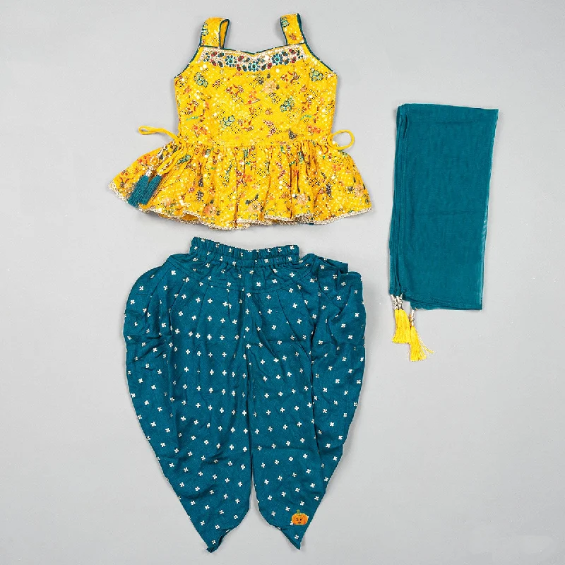 Take Advantage Mustard & Rama Peplum Girls Kurta with Dhoti