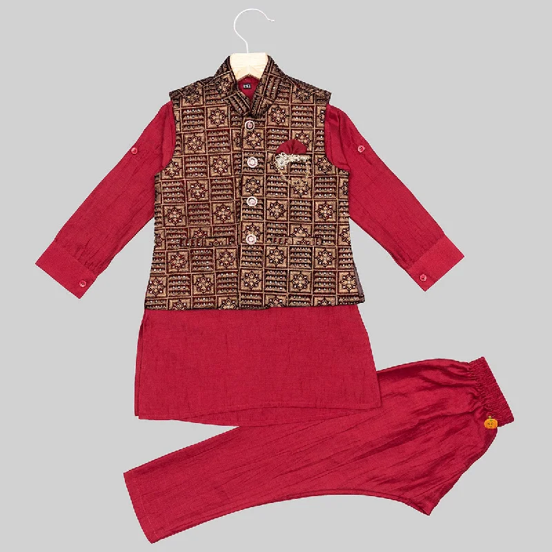 Must-Have Deals Maroon & Black Embroidered Boys Kurta Pajama