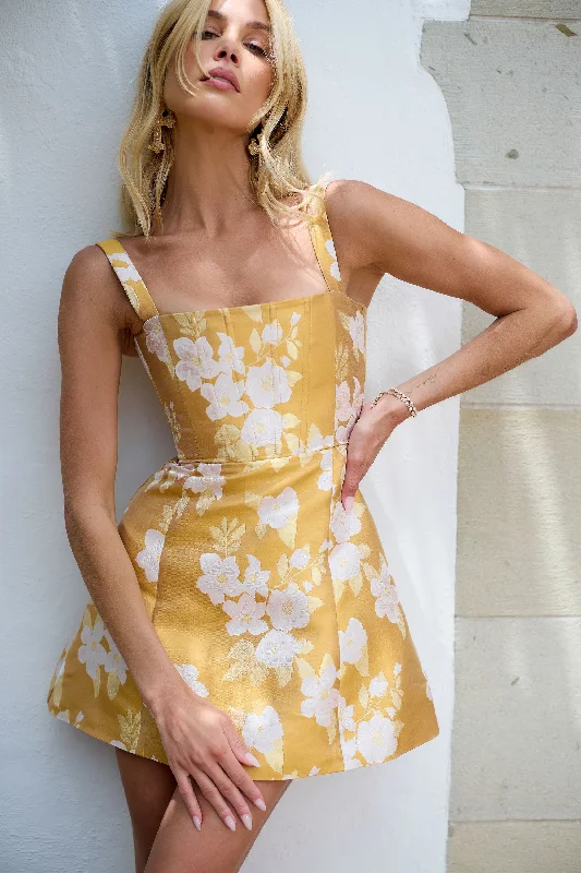 Markdown Madness The Kimmy Dress in Gold Baroque Floral