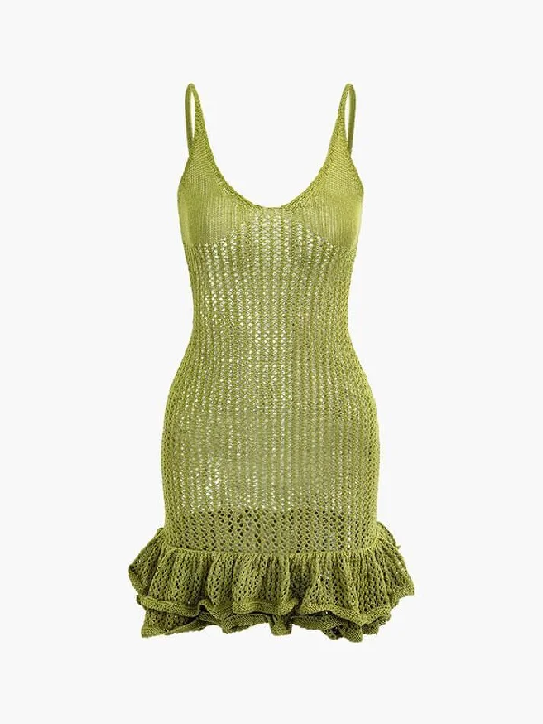 Open Knit Ruffle Hem Cami Mini Dress