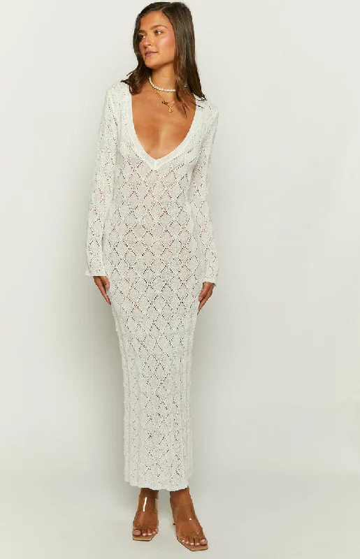 Can't Be Beat Drea White Backless Knit Maxi Dress