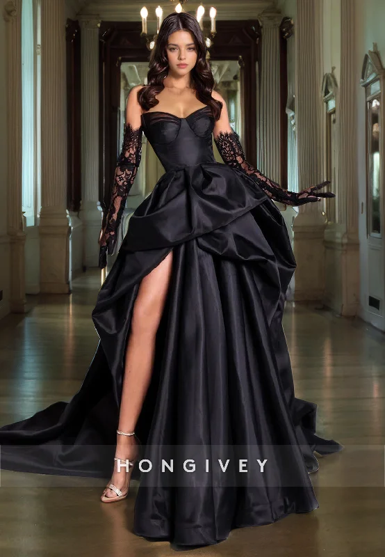 The Best Prices L0982 -Sexy Ornate Illusion Lace Sleeves Strapless With Train and High Slit Prom Formal Evening Party Dress The Best Prices L0982 -Sexy Ornate Illusion Lace Sleeves Strapless With Train and High Slit Prom Formal Evening Party Dress