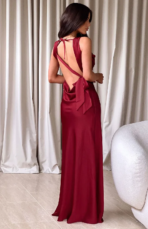 Price Slash Laria Wine Satin Formal Maxi Dress