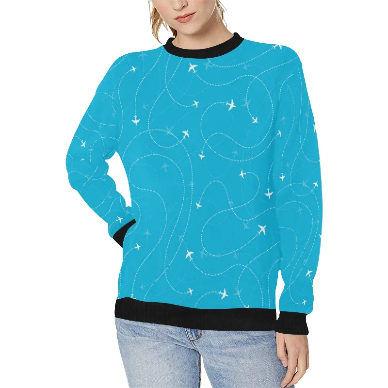 Amazing Deals Airplane destinations blue background Women's Crew Neck Sweatshirt