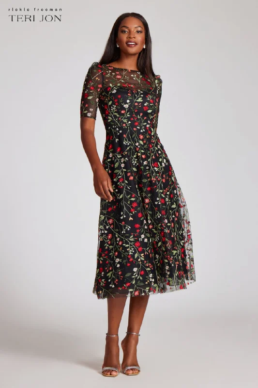 Overstock Floral Embroidered Tulle Midi Dress