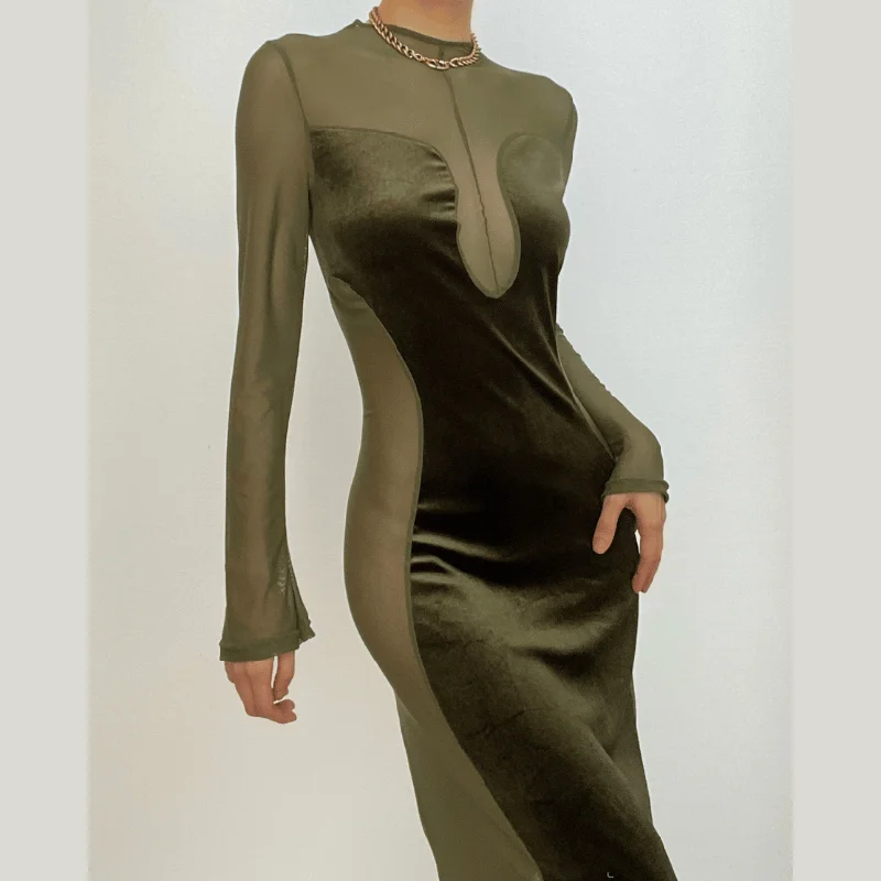 Lowest Price BerryBetty - Long sleeve velvet mesh solid zip-up maxi dress
