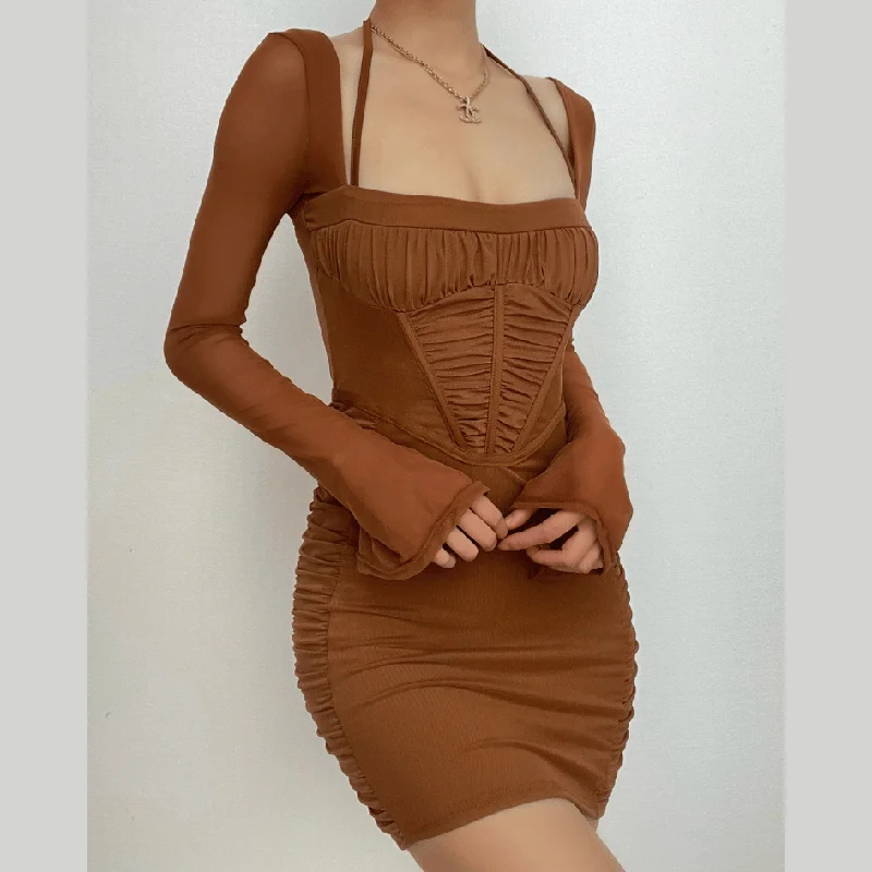 Discount Mania BerryBetty - Mesh long sleeve solid ruched halter zip-up mini dress
