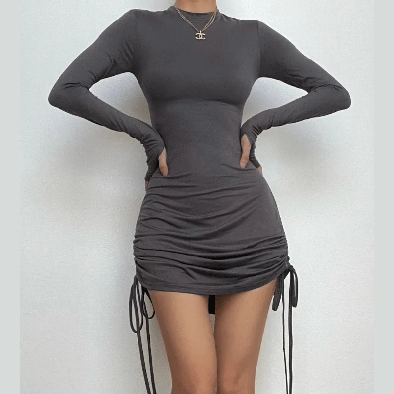Don't Wait BerryBetty - Long sleeve drawstring gloves solid mini dress