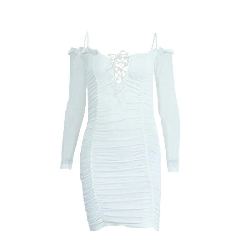 Big Savings BerryBetty - Ruffle off shoulder lace up solid mesh long sleeve ruched mini dress