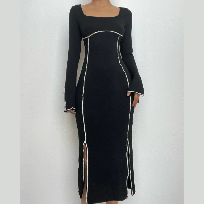 Referral Discount BerryBetty - Beaded square neck slit long sleeve midi dress