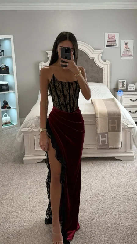 Best Bargains GAIA BURGUNDY LACE VELVET CORSET SLIT GOWN
