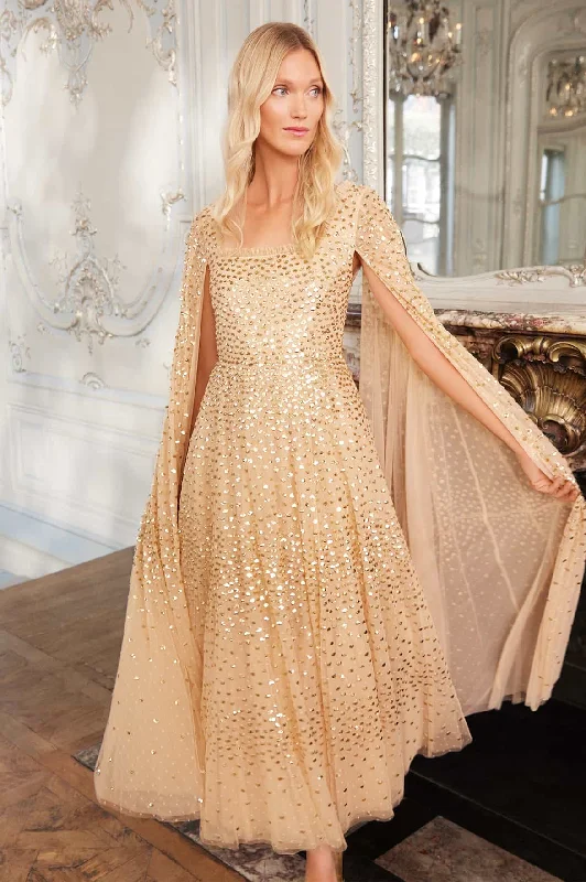 Members Only Scatter Dot Cape Sleeve Ankle Gown