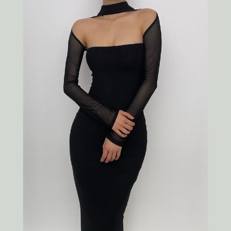 Price Cut BerryBetty - Solid halter mesh long sleeve zip-up hollow out midi dress