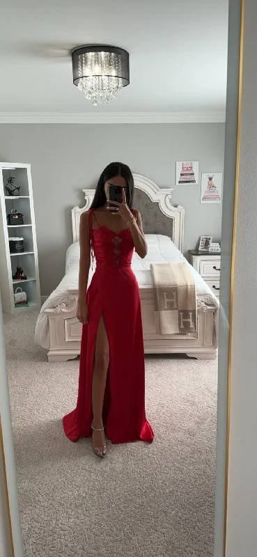 Bargain Prices RUBY RED LACE UP HIGH SLIT SATIN DRESS