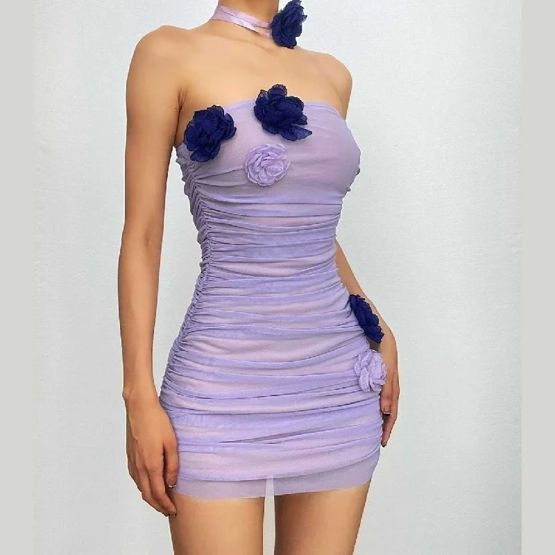 Don't Miss BerryBetty - Ruched mesh flower applique backless tube mini dress