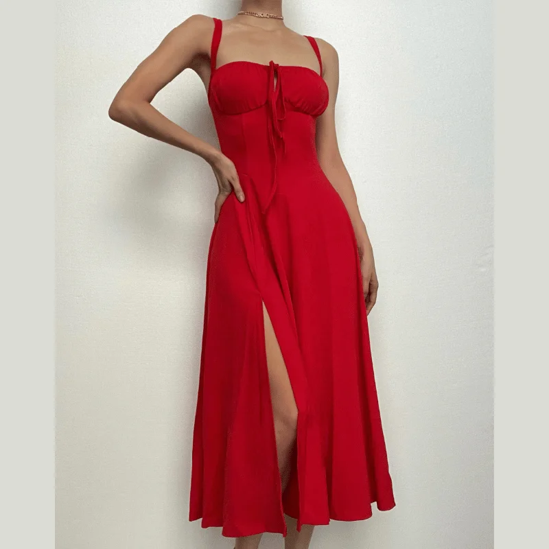 Price Drop BerryBetty - Ruched solid sweetheart neck slit sleeveless midi dress