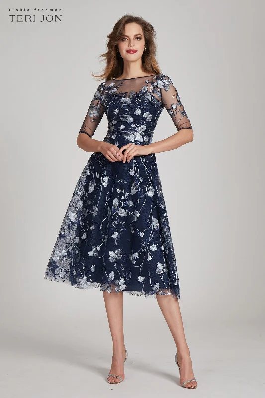 Exclusive Preview Tea Length Embroidered Tulle Cocktail Dress