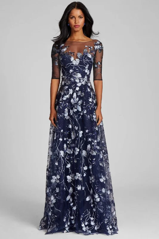 Grand Opening Sale Embroidered Lace Illusion Gown With Elbow Sleeves