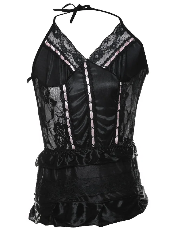 Lowest Price Black & Pale Pink Lace Trim Halterneck Babydoll - XS