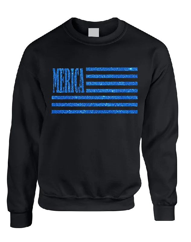 Hot Deal Adult Sweatshirt Merica Glitter Blue Flag 4th Of July Top